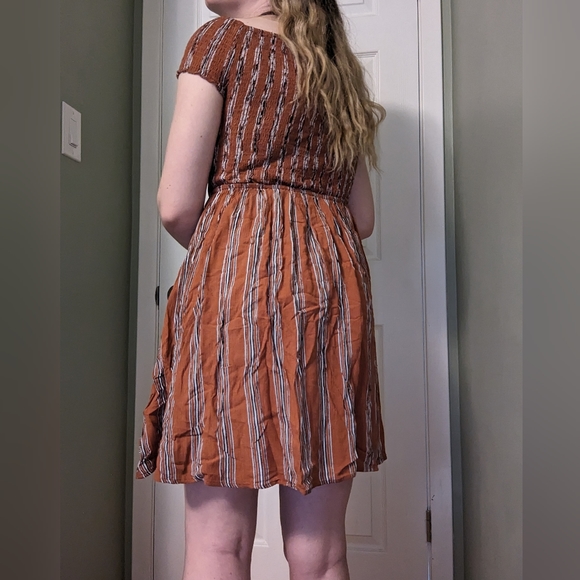 Mei Smocked Off the Shoulder Dress | Burnt Orange with Black & White Stripes - Picture 8 of 9